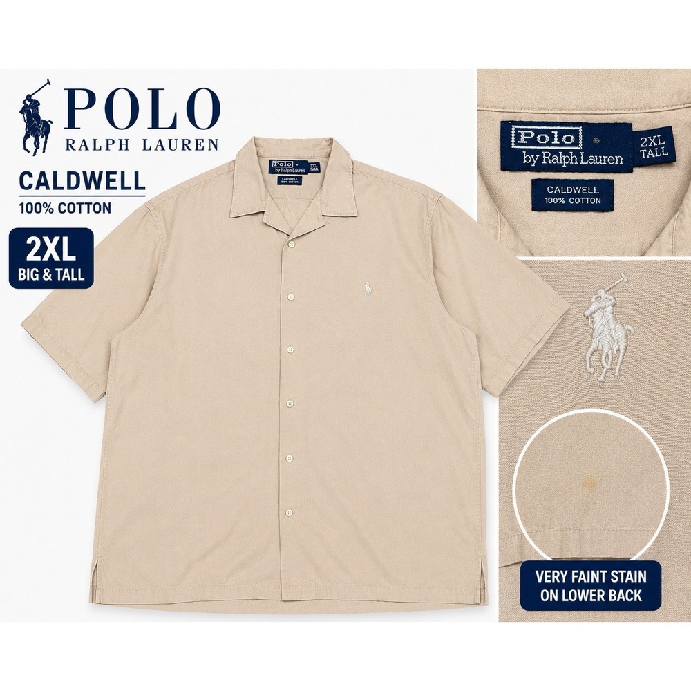 Polo Ralph Lauren Caldwell Shirt Mens‎ XXL Beige Cotton Camp Short Sleeve